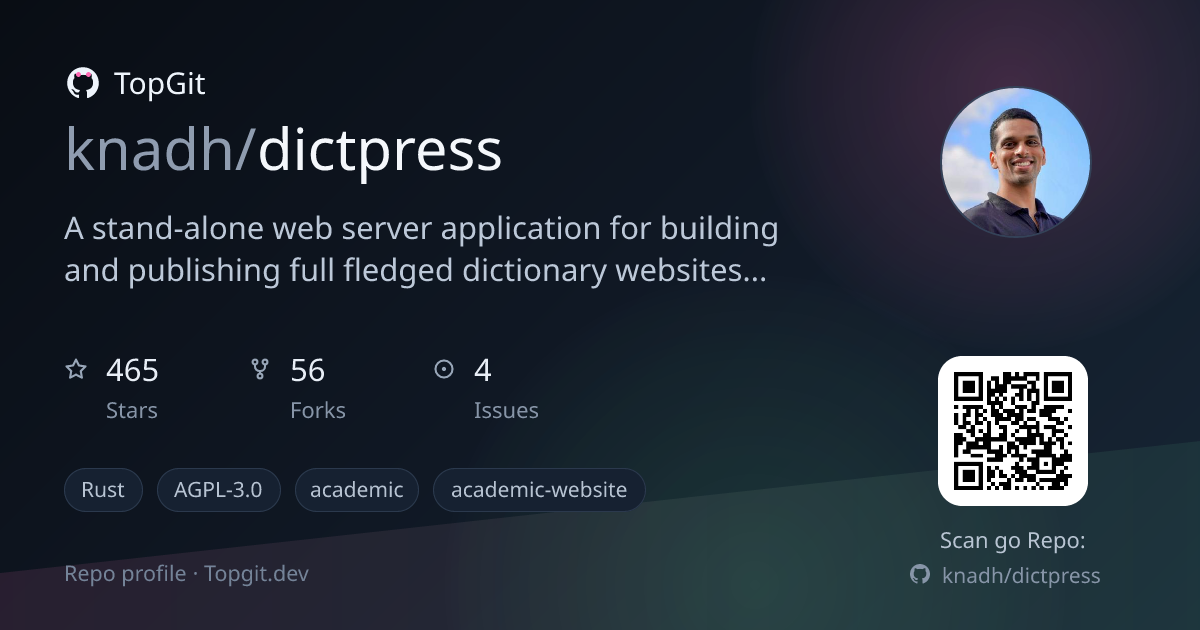 TopGit repo profile image for knadh/dictpress