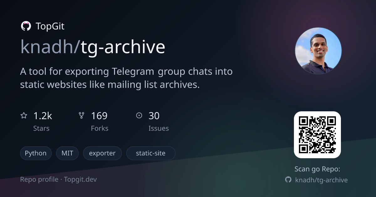 TopGit repo profile image for knadh/tg-archive