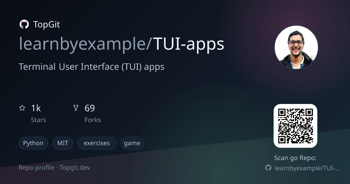 TopGit repo profile image for learnbyexample/TUI-apps