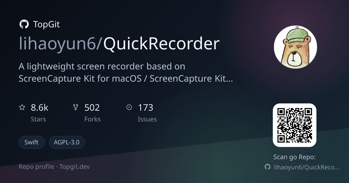 TopGit repo profile image for lihaoyun6/QuickRecorder