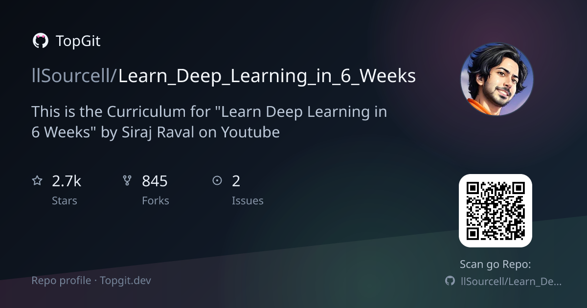 TopGit repo profile image for llSourcell/Learn_Deep_Learning_in_6_Weeks