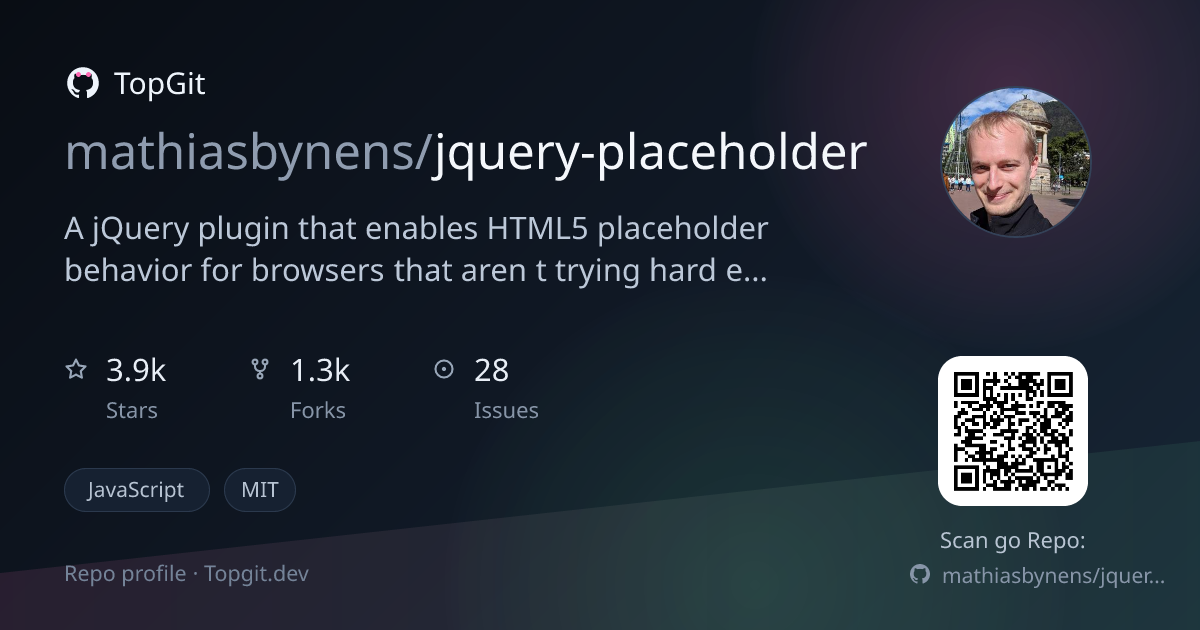 TopGit repo profile image for mathiasbynens/jquery-placeholder