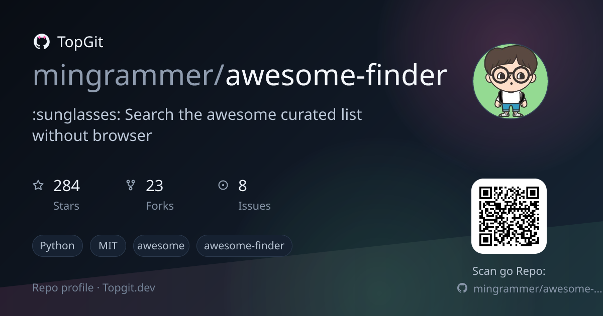 TopGit repo profile image for mingrammer/awesome-finder
