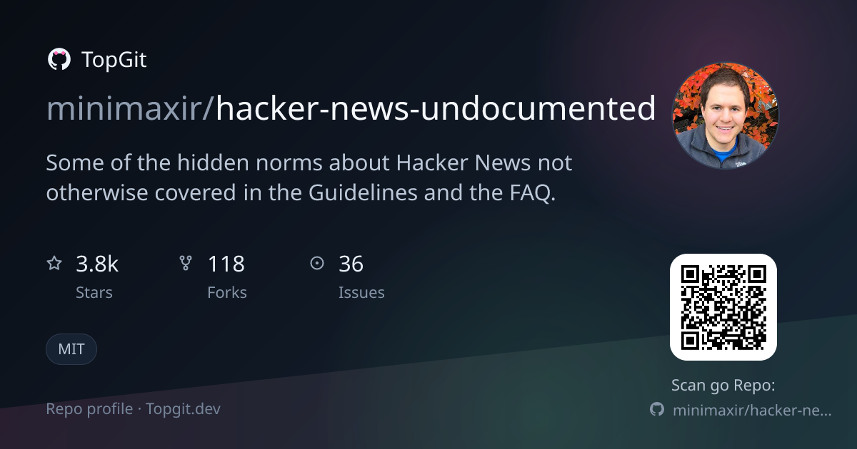 TopGit repo profile image for minimaxir/hacker-news-undocumented