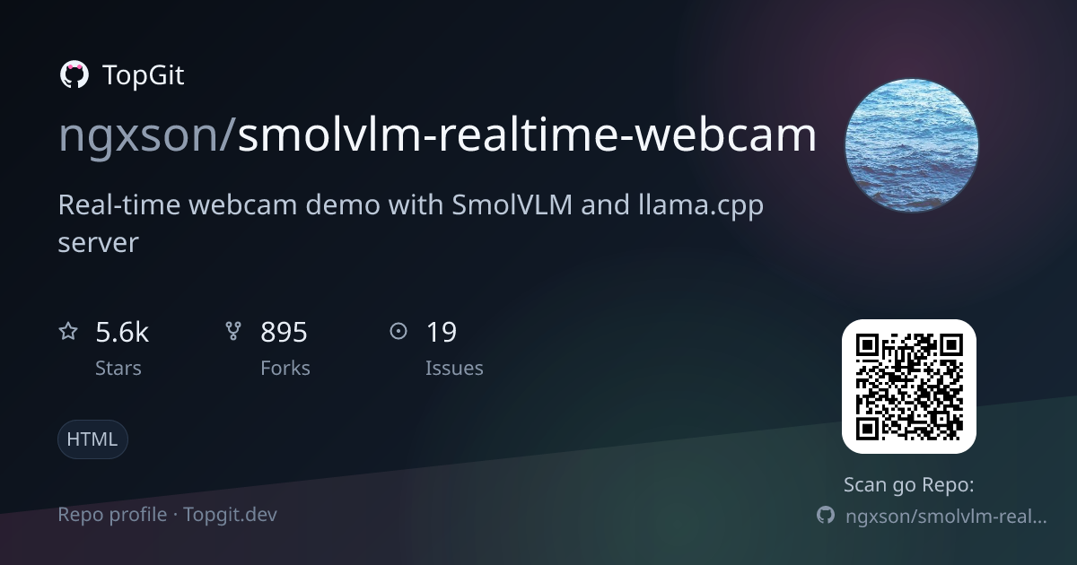 TopGit repo profile image for ngxson/smolvlm-realtime-webcam