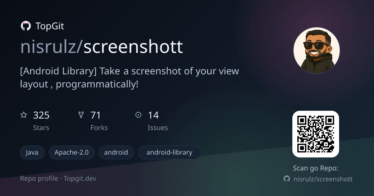 TopGit repo profile image for nisrulz/screenshott