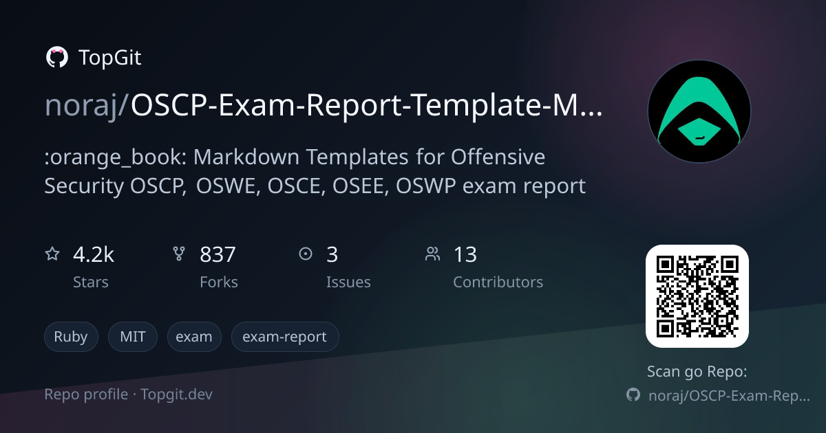 TopGit repo profile image for noraj/OSCP-Exam-Report-Template-Markdown