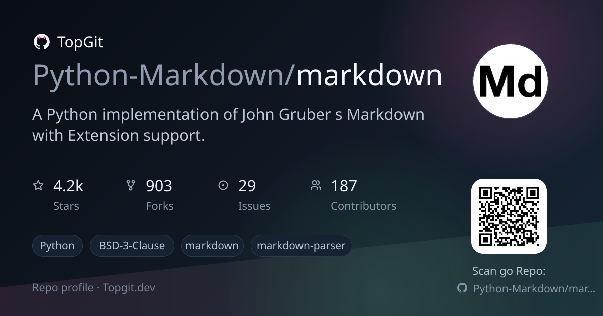 TopGit repo profile image for Python-Markdown/markdown