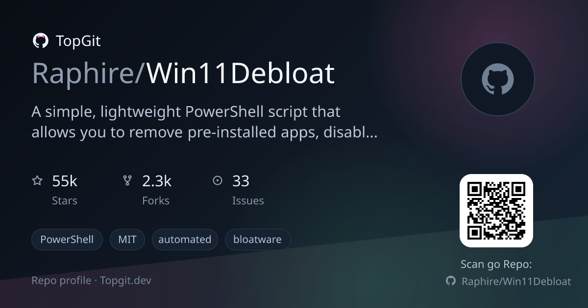 TopGit repo profile image for Raphire/Win11Debloat