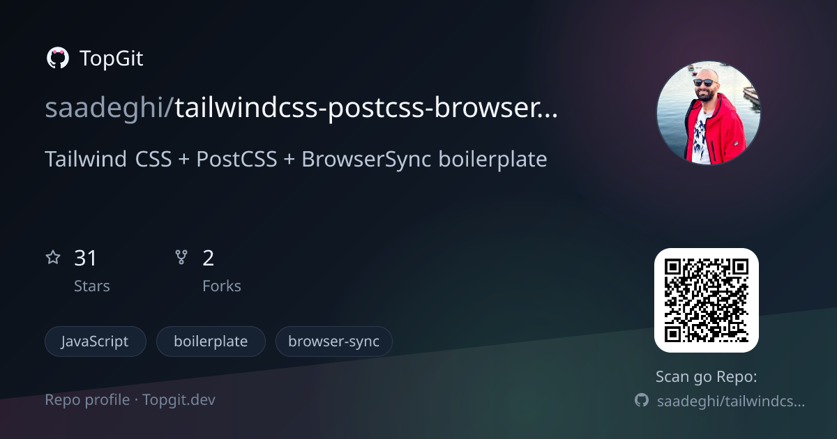 TopGit repo profile image for saadeghi/tailwindcss-postcss-browsersync-boilerplate