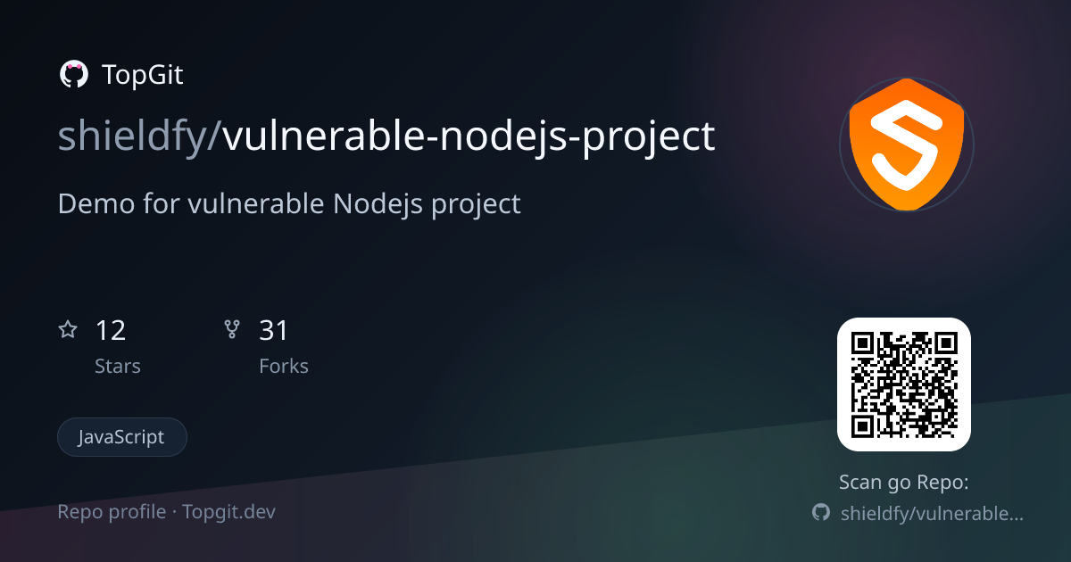 TopGit repo profile image for shieldfy/vulnerable-nodejs-project