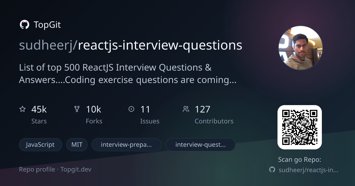 TopGit repo profile image for sudheerj/reactjs-interview-questions