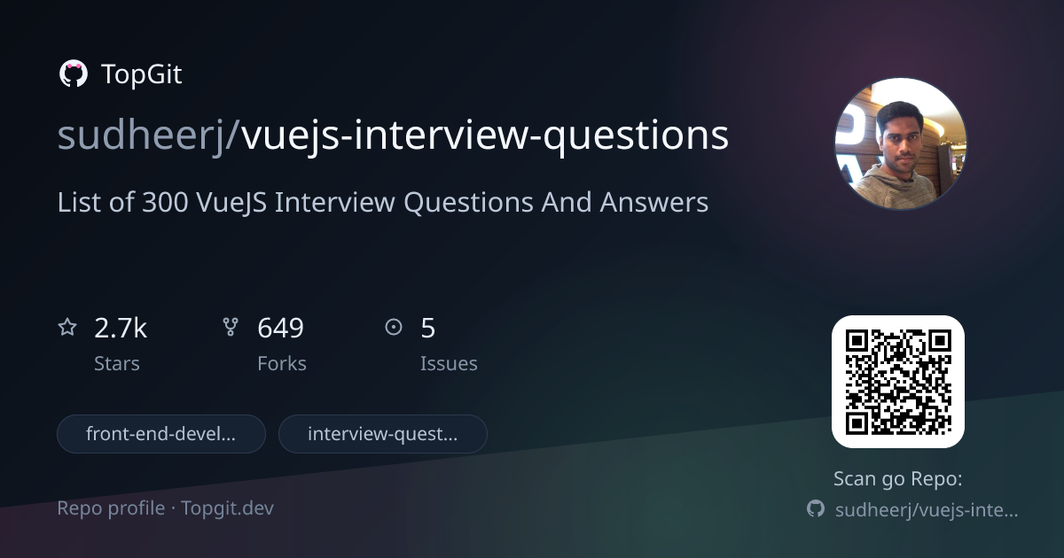 TopGit repo profile image for sudheerj/vuejs-interview-questions