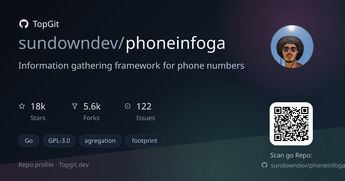 TopGit repo profile image for sundowndev/phoneinfoga