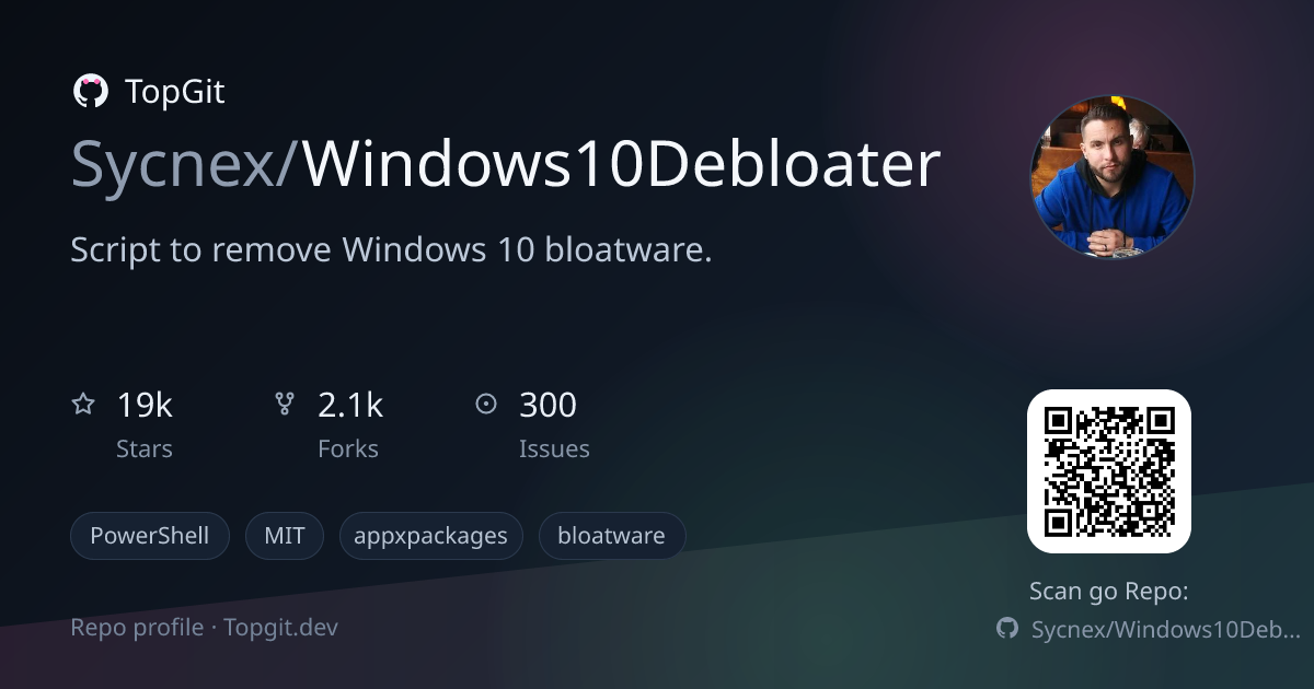 TopGit repo profile image for Sycnex/Windows10Debloater