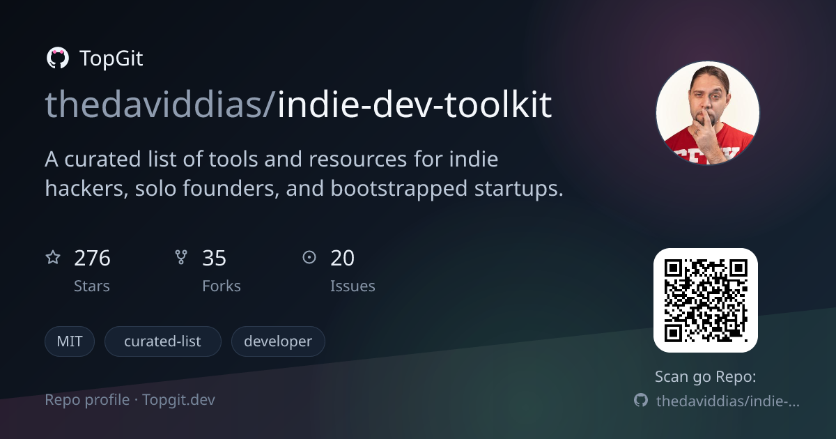 TopGit repo profile image for thedaviddias/indie-dev-toolkit