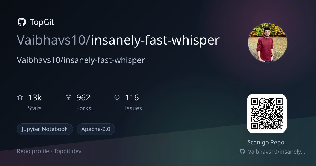 TopGit repo profile image for Vaibhavs10/insanely-fast-whisper