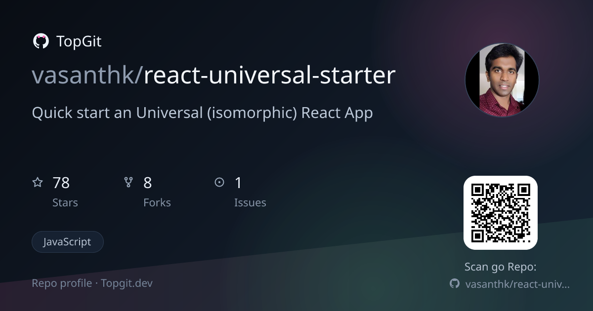 TopGit repo profile image for vasanthk/react-universal-starter