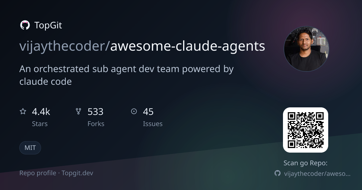 TopGit repo profile image for vijaythecoder/awesome-claude-agents