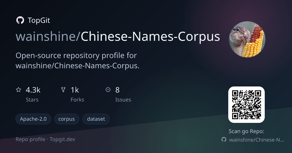 TopGit repo profile image for wainshine/Chinese-Names-Corpus
