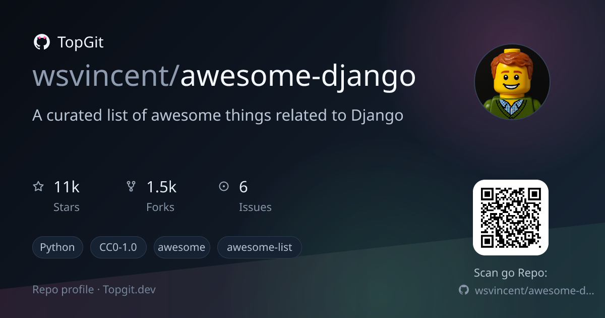 TopGit repo profile image for wsvincent/awesome-django