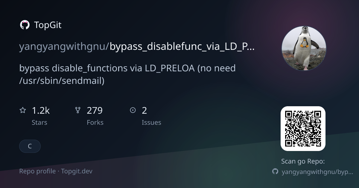TopGit repo profile image for yangyangwithgnu/bypass_disablefunc_via_LD_PRELOAD