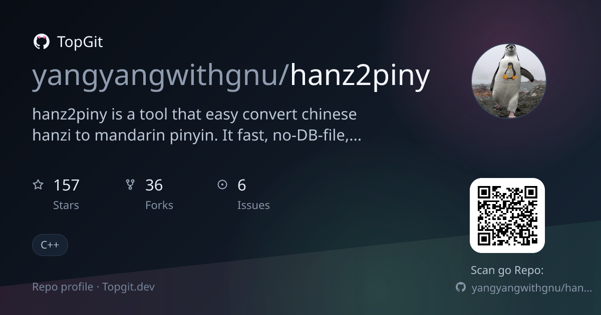 TopGit repo profile image for yangyangwithgnu/hanz2piny